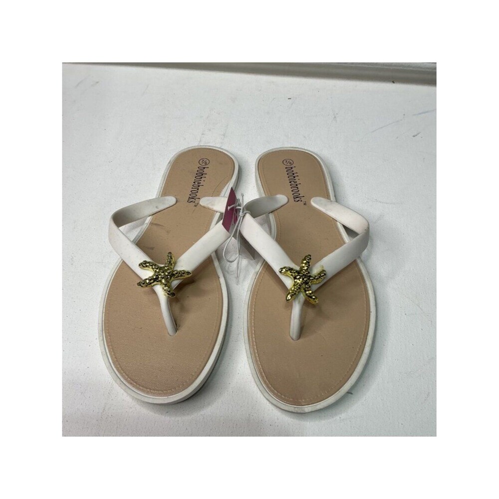 Bobbie Brooks White Flip-Flops Gold Starfish Accents Size 8/9 Women’s Sandals